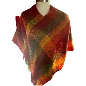 Just Be Multicolored Frilly Fringe Plaid Check Poncho V-Neck Shawl Wrap 1 Size